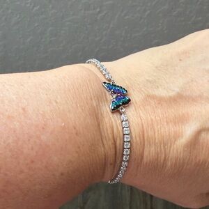 Silver Tennis Bracelet with Iridescent Blue-Green Butterfly Accent